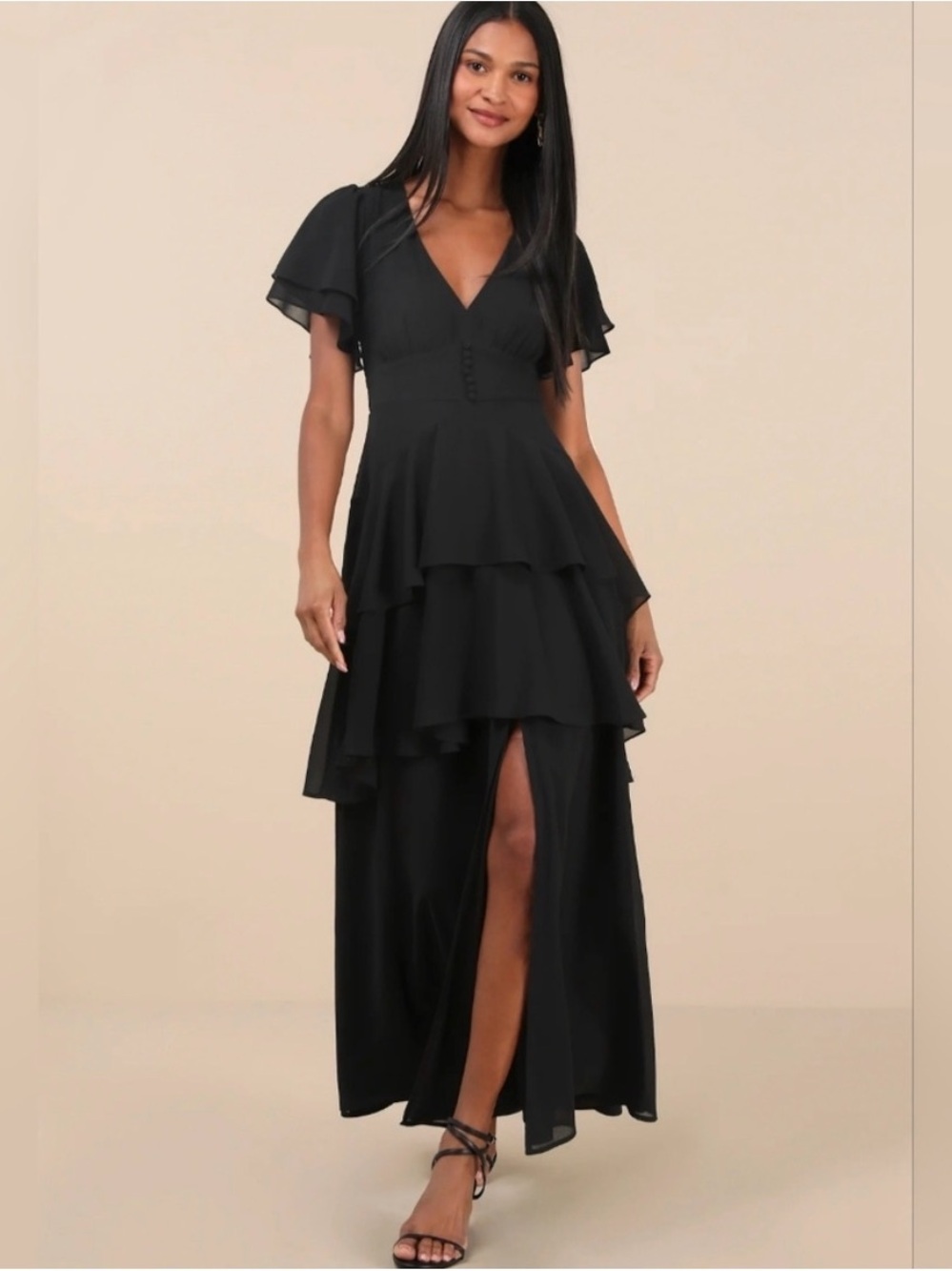 Lulu's Black Tiered V-Neck Maxi with Flutter Sleeves